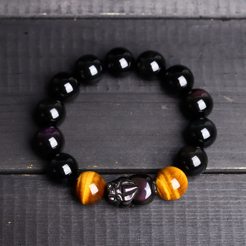 Natural Crystal Obsidian Pixiu Tiger Eye Bracelet - Ethnic Unisex Couple Spiritual Jewelry