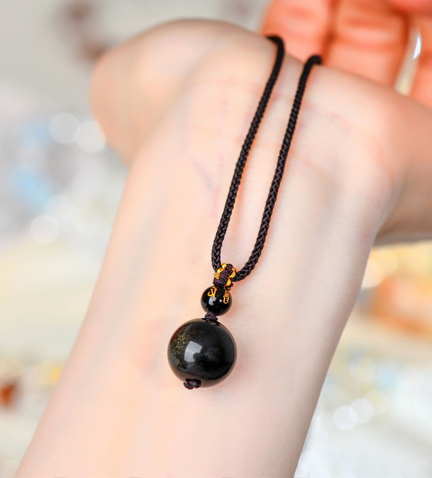 Natural Obsidian Lucky Bead Pendant - Vintage Palace Style Zodiac Necklace for Men & Women