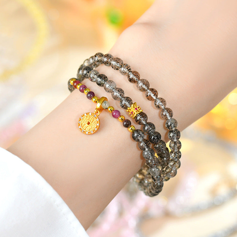 Natural Black Strawberry Quartz Tourmaline Three-Circle Bracelet | Mystical Protection & Harmony