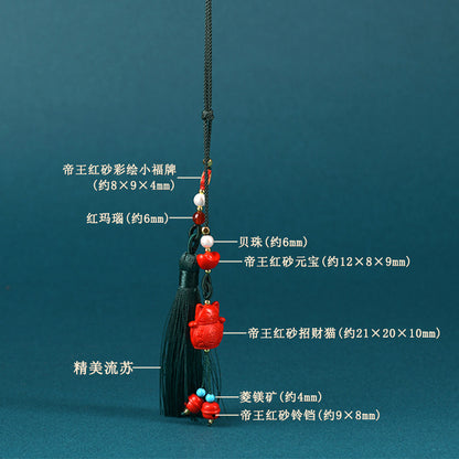 Natural Cinnabar Lucky Cat Car Hanging Ornament - Imperial Red Sand for Good Fortune