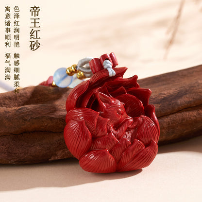 Imperial Red Cinnabar Nine-Tailed Fox Pendant Necklace - Chinese Mystique Women's Spiritual Accessory