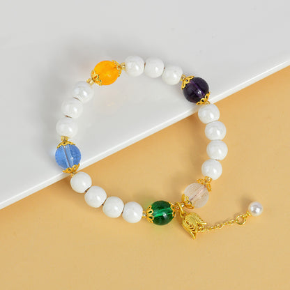 Five Elements Crystal Bracelet with White Porcelain Beads - Wealth, Wisdom & Healing Energy