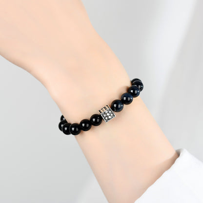 Natural Obsidian Blue Tiger Eye Bracelet | Chinese Style Buddhist Bead for Zodiac Year Protection