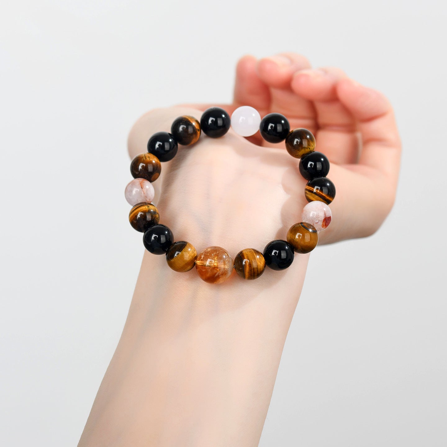 Natural Crystal Multi-Gem Bracelet with Yellow Tiger Eye and Obsidian - Spiritual Energy and Protection