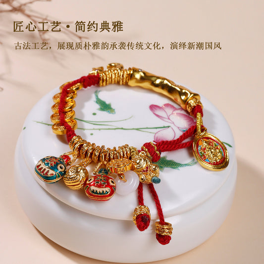 Gold Hammered Tibetan Wealth Bracelet with Five Emperors Money & Coiled Beast Family
