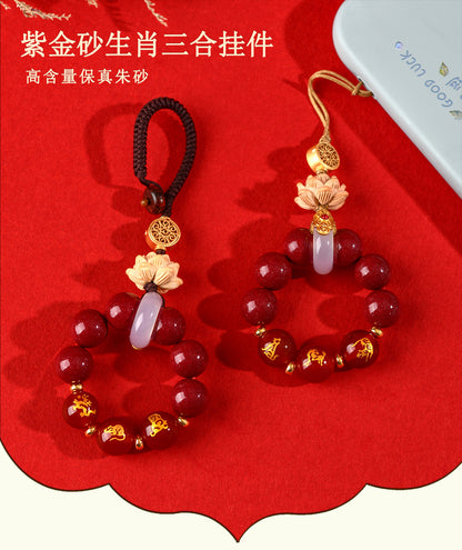 Natural Purple Gold Cinnabar Zodiac Three-in-One Keychain Pendant for Luck and Protection