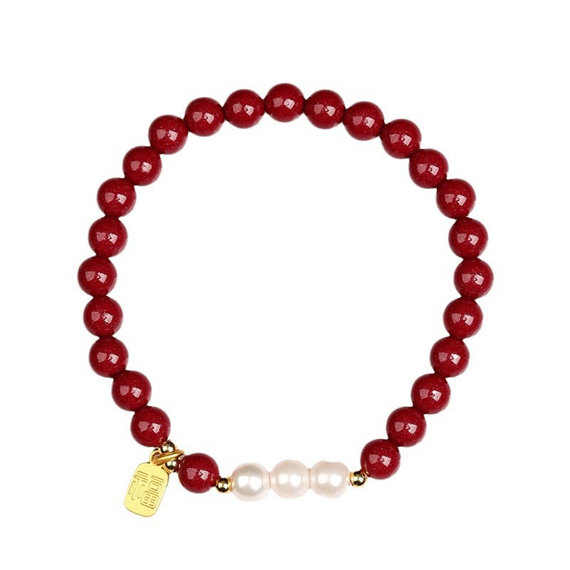 Natural Purple Gold Cinnabar Imperial Red Sand Pearl Bracelet | Chinese Retro Protection Amulet