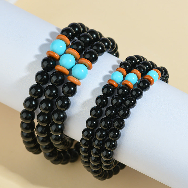 Natural Obsidian Three-Circle Bracelet with Dragon Zodiac - Spiritual Protection Beads for Men and Women