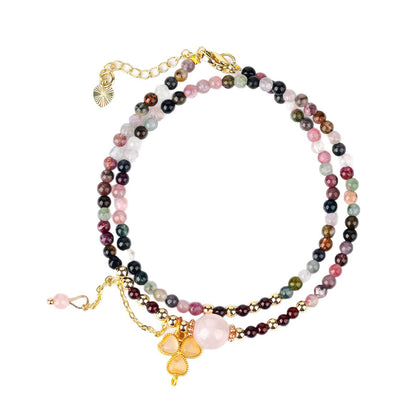 Natural Tourmaline Garnet Rose Quartz Double Circle Bracelet | Adjustable Female Wangfu Stone for Love & Fortune