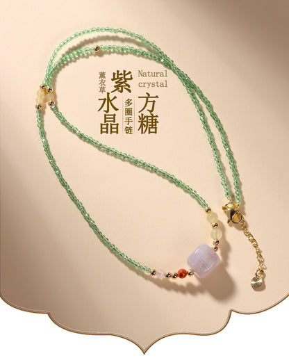 Lavender Amethyst Sugar Cube Multi-Circle Bracelet with Yellow Rutilated Quartz - Spiritual Harmony & Wealth Attraction