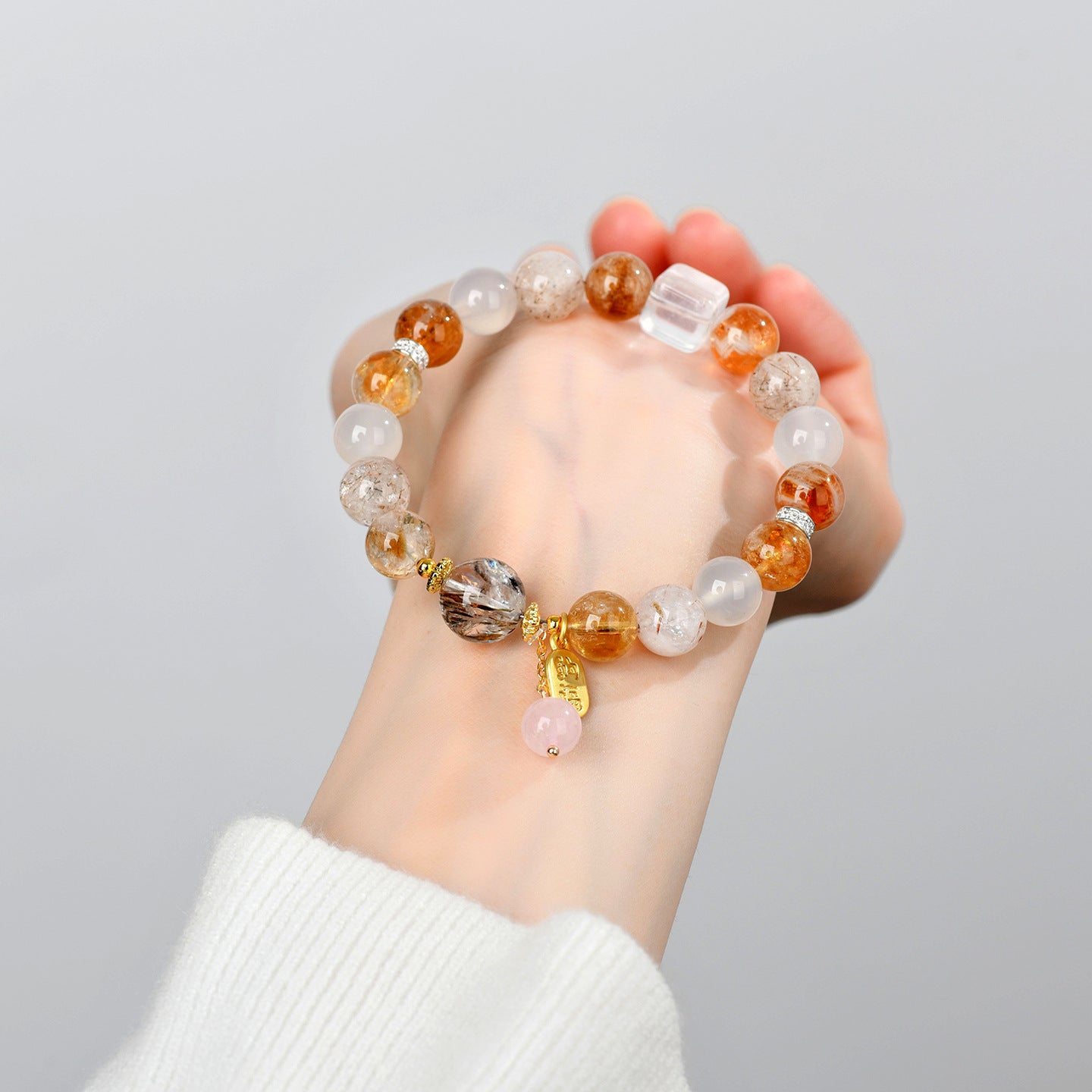 Natural Crystal Multi-Gem Bracelet with Yellow Tower Crystal and White Agate for Women