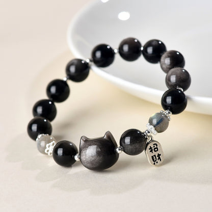 Silver Obsidian Faceless Cat Moonlight Bracelet | Chinese Style Women's Protection Jewelry
