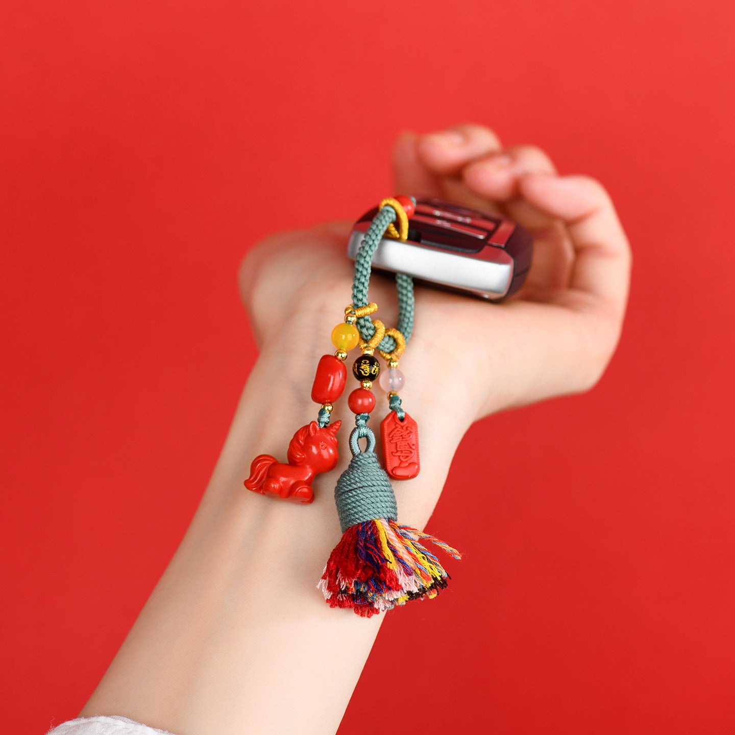 Imperial Red Cinnabar Zodiac Horse Keychain Pendant - Protection & Prosperity Talisman