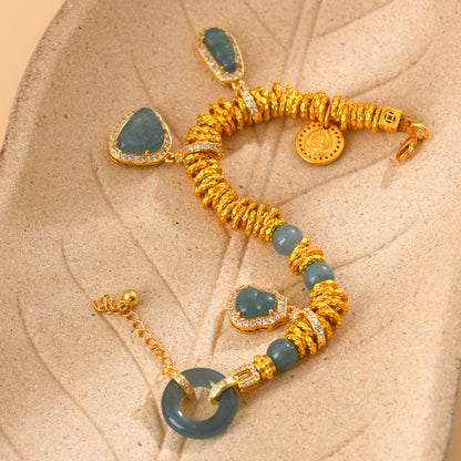 Golden Coiled Natural Jade Multi-Gem Bracelet | Wealth & Protection Talisman