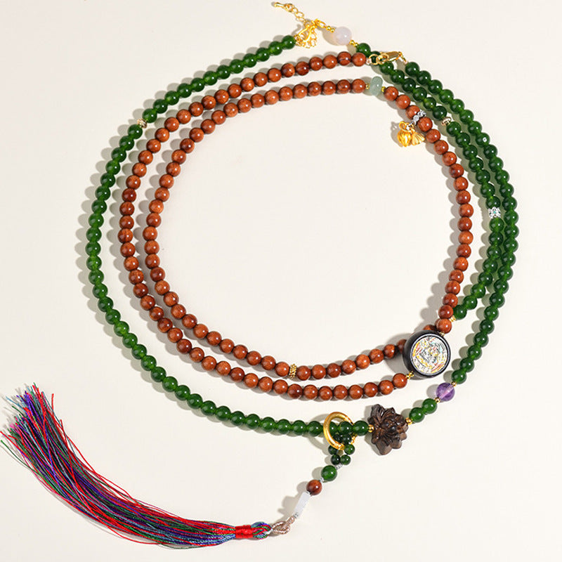 Rosewood Jade Zen Tassel Multi-Circle Bracelet Necklace | Spiritual Harmony and Protection
