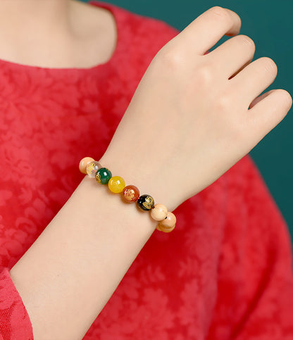 Taishan Peach Wood Zodiac Buddha Wealth God Bracelet - Spiritual Protection & Fortune Amulet