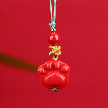 Natural Cinnabar Lucky Cat Nine-Tailed Fox Phone Charm - Wealth & Protection Amulet