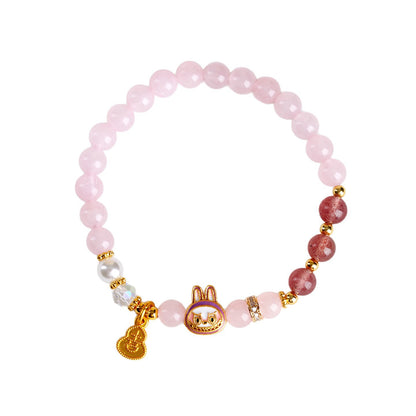 Natural Rose Strawberry Quartz LABUBU Charm Bracelet for Love and Harmony