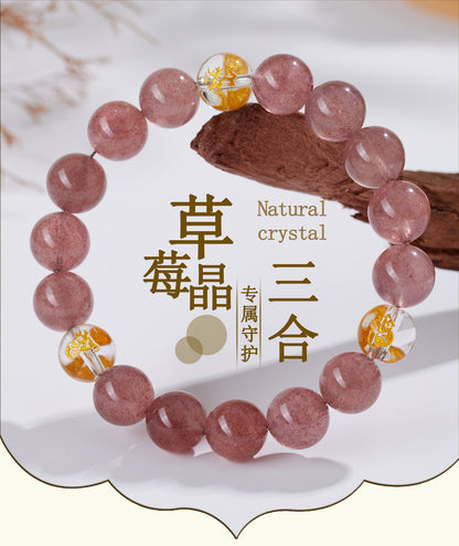 Strawberry Crystal Three-in-One Zodiac Bracelet | Spiritual Harmony & Good Fortune for Women