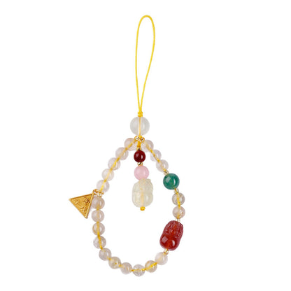 Twelve Zodiac Three-in-One Pixiu Phone Chain with Natural Yellow Rutilated Quartz Crystal Pendant
