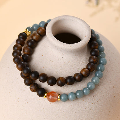 Vietnam Nha Trang Agarwood Blue Jade Double Circle Bracelet - Buddhist Beads for Harmony and Protection