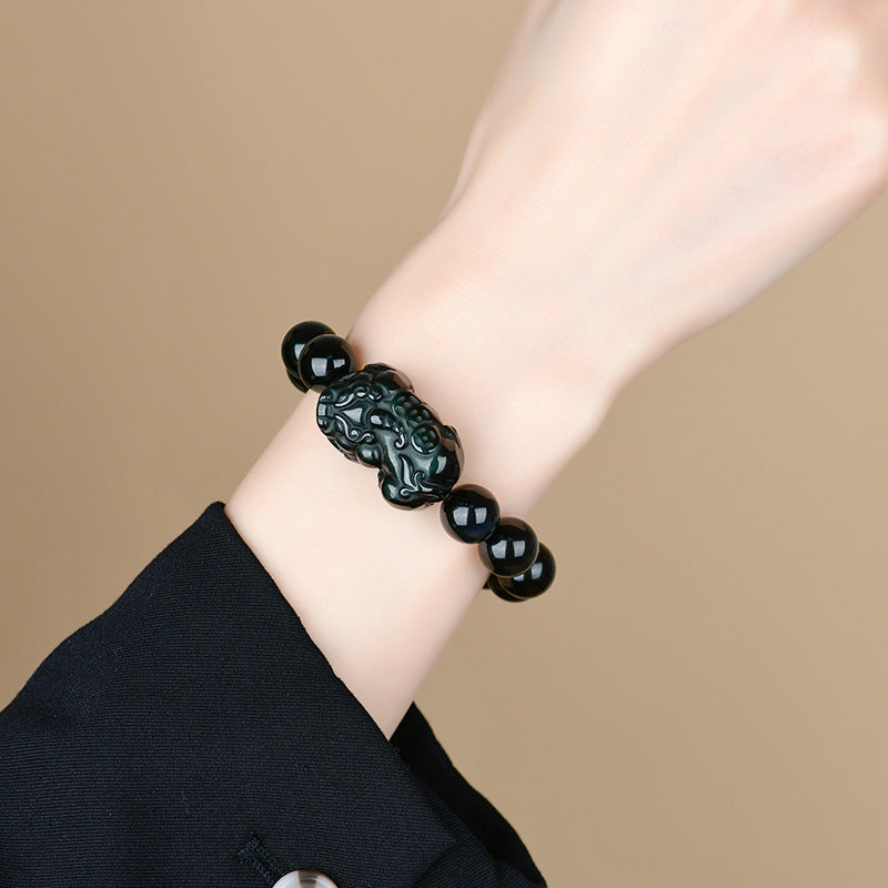 Natural Black Obsidian Pixiu Bracelet with Gold and Double Color Eye Beads - Wealth Protection Amulet for Couples