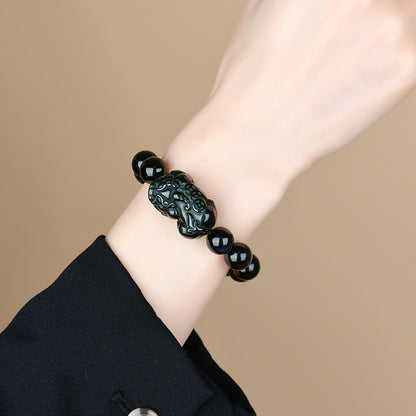 Natural Black Obsidian Pixiu Bracelet with Gold and Double Color Eye Beads - Wealth Protection Amulet for Couples