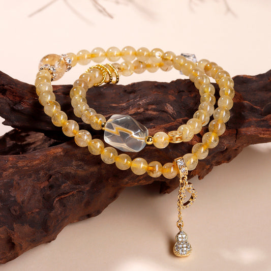 Golden Rutilated Quartz Double Circle Bracelet | Spiritual Women's Buddhist Bead for Wealth and Harmony