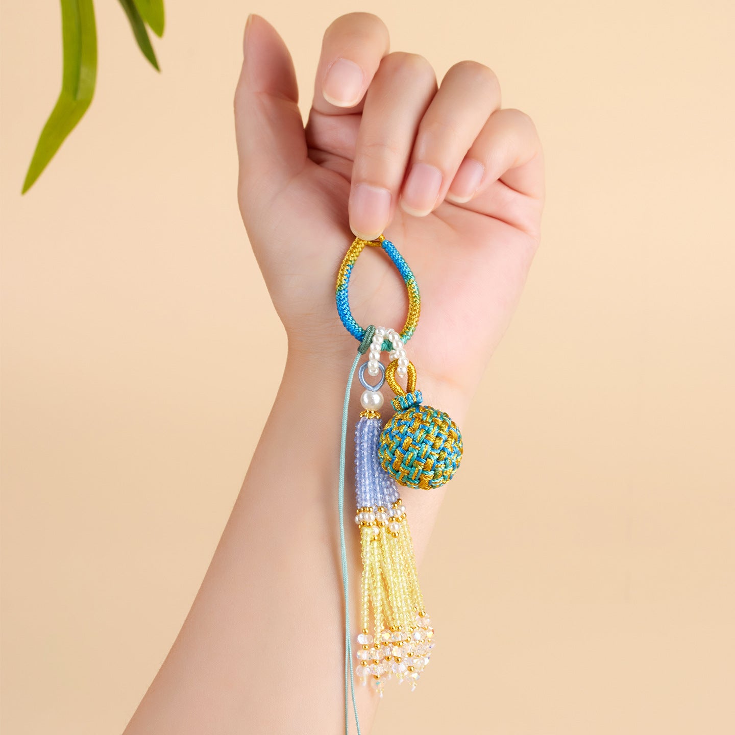 Handwoven Crystal Ball Keychain | Lucky Charm Bag Hanger with Beaded Tassel