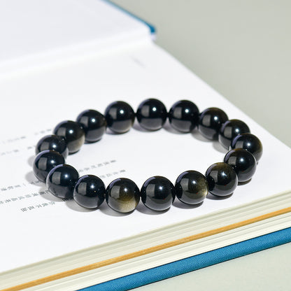 Natural Mexican Obsidian Round Bead Bracelet｜Spiritual Protection & Prosperity Unisex Jewelry