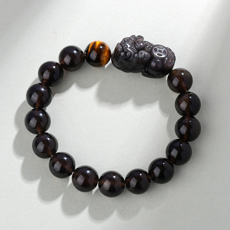 Natural Rainbow Eye Obsidian Pixiu Bracelet - Wealth and Protection Talisman for Couples