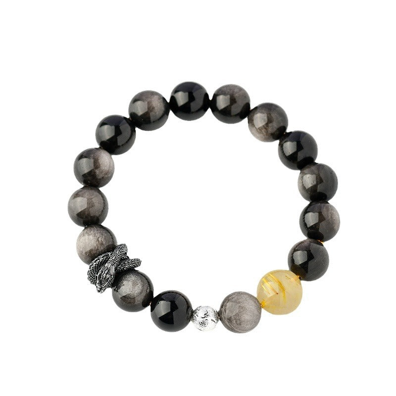 Natural Silver Obsidian Dragon Bracelet - Chinese Zodiac Protection & Couple Harmony