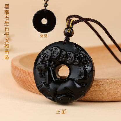 Natural Obsidian Zodiac Peace Buckle Pendant | Spiritual Protection & Fortune Necklace