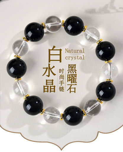Natural White Crystal and Black Obsidian Single Circle Bracelet - Unisex Spiritual Protection Jewelry