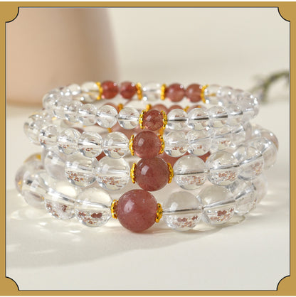Natural Crystal Energy Bracelet with White Crystal, Obsidian, Strawberry Quartz, and Aquamarine | Spiritual Harmony & Protection