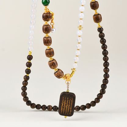 Sacred Agarwood White Agate Necklace with Five Sutra Pendant - Spiritual Protection Beads