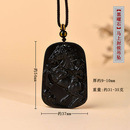 Natural Obsidian Horse Ascends to Marquis Pendant - Career Luck Amulet for Men & Women