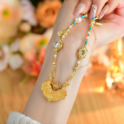 Koi Fish Ruyi Lock Necklace - Ancient Copper Gold Plated Chinese Style Pendant