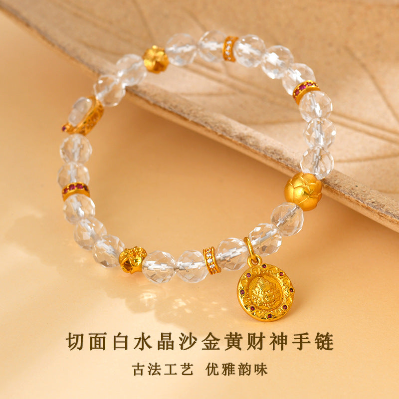 Faceted White Crystal Wealth God Lotus Bracelet - Golden Prosperity & Spiritual Protection