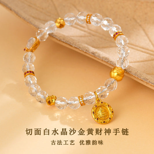 Faceted White Crystal Wealth God Lotus Bracelet - Golden Prosperity & Spiritual Protection