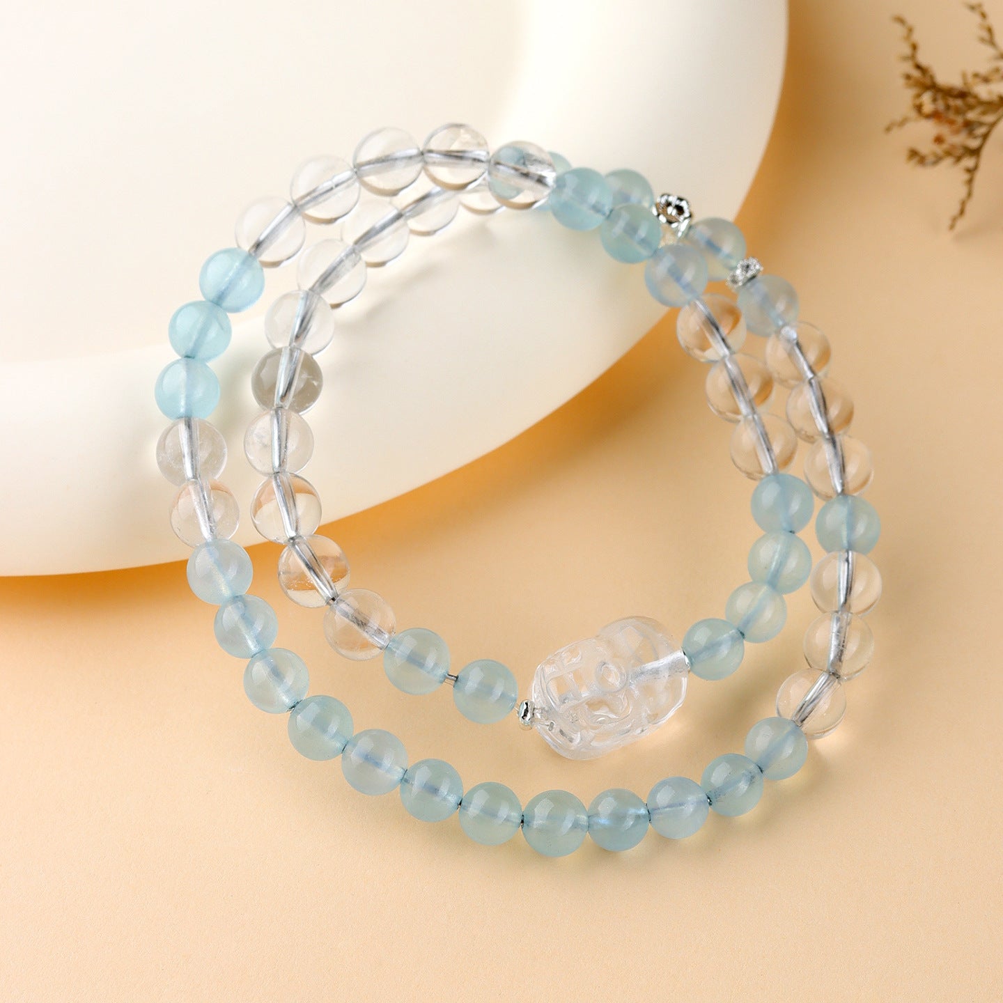 Natural Aquamarine and White Crystal Pixiu Double Circle Bracelet - Spiritual Elegance for Women