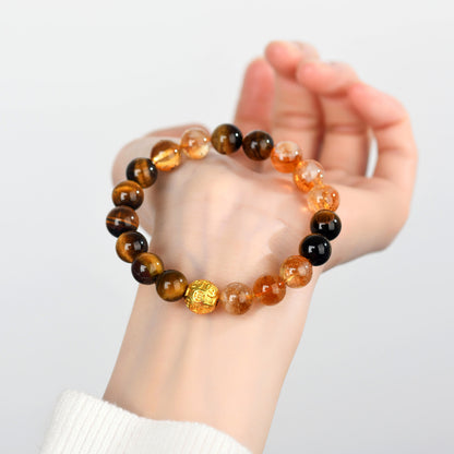 Yellow Tiger Eye Crystal Bracelet with Copper Coin Beads - Chinese Style Lucky Charm