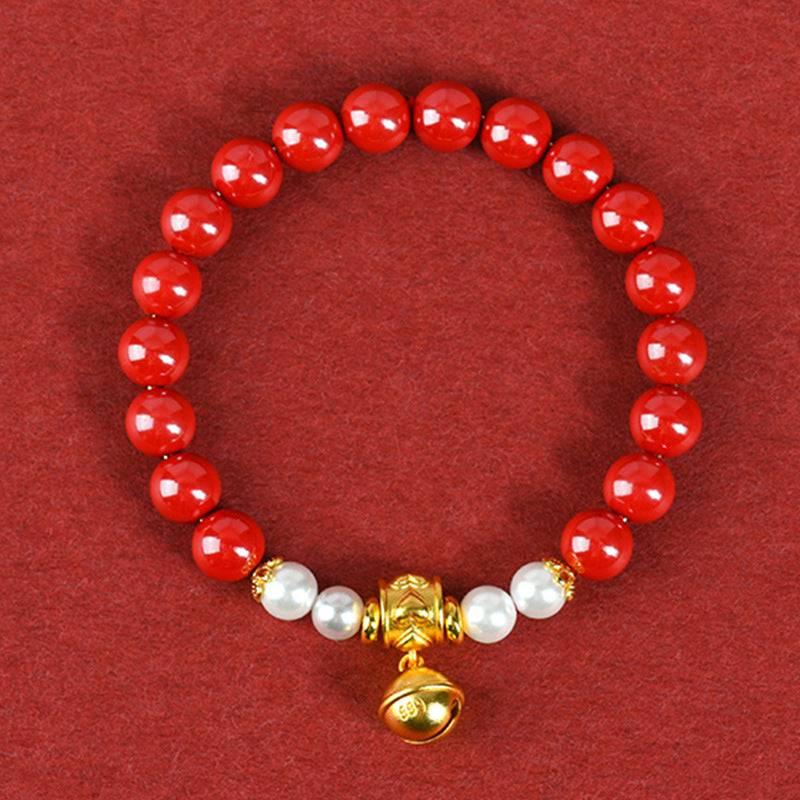 Natural Raw Cinnabar Gold Bell Bracelet - Imperial Red Sand Spiritual Protection Amulet