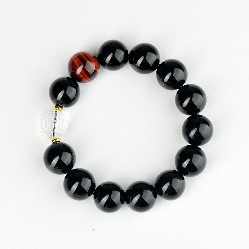 Natural Obsidian and White Crystal Cloud Bead Bracelet for Men - Protection and Energy Flow