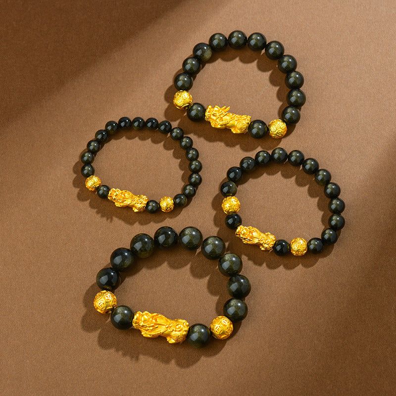 Natural Obsidian Gold Pixiu Bracelet | Wealth Attraction & Protection Amulet