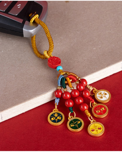 Natural Imperial Red Cinnabar Five-Way God of Wealth Keychain - Chinese Style Bag Charm for Wealth and Luck