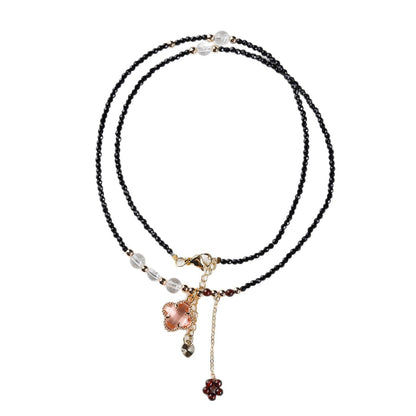 Black Spinel Multi-Circle Bracelet with Four-Leaf Clover | Lucky Charm Protection Jewelry