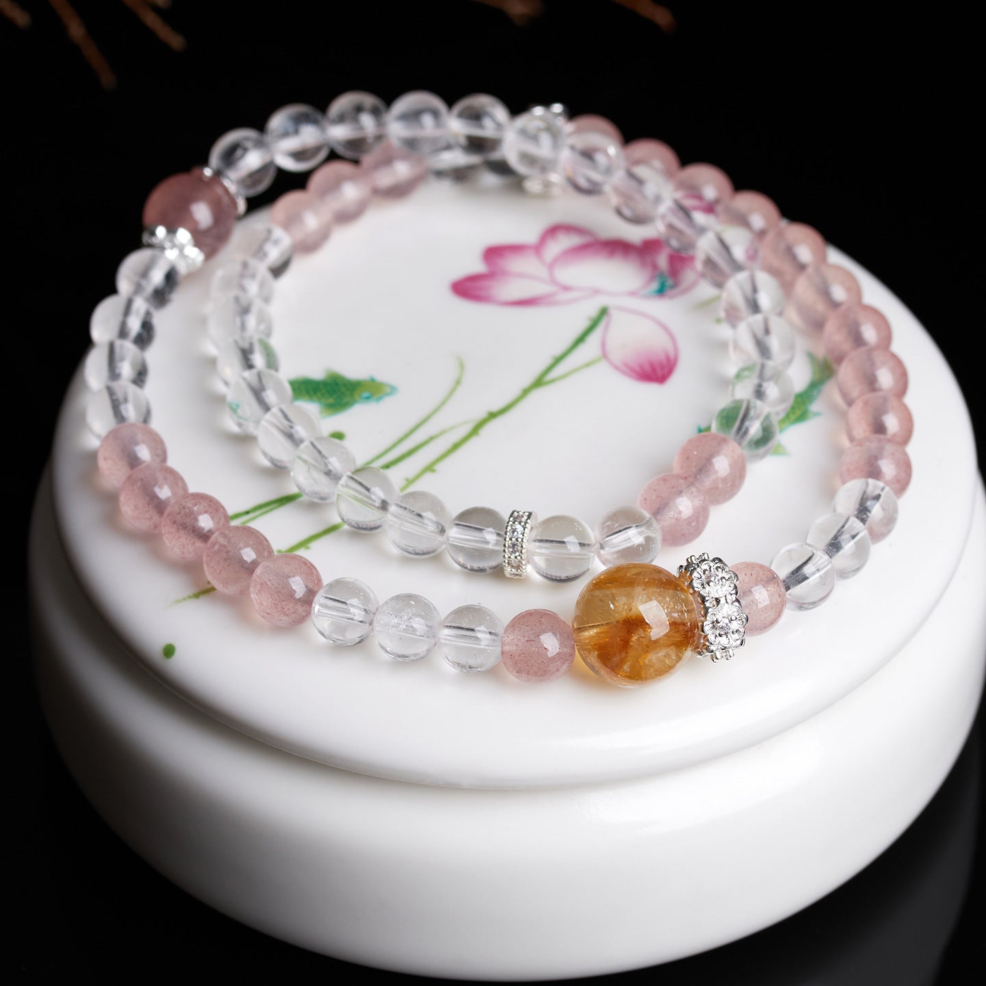 Strawberry Crystal & White Crystal Double Circle Bracelet - Peach Pink Love Charm for Women