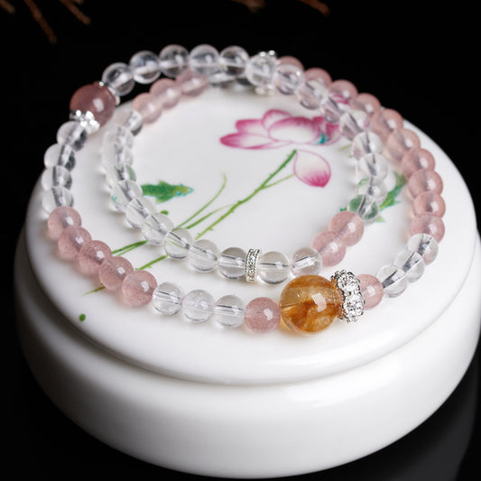 Strawberry Crystal & White Crystal Double Circle Bracelet - Peach Pink Love Charm for Women