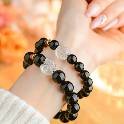 Obsidian Lion Awakening Bracelet with White Crystal and Southern Red Agate | Spiritual Protection Unisex Jewelry